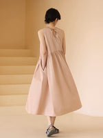 Load image into Gallery viewer, Drop Waist Tie Back Midi Dress in Pink