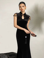 Load image into Gallery viewer, Mermaid Lace Detail Stretch Maxi Cheongsam in Black