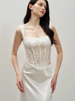 Load image into Gallery viewer, Lace Satin Bustier Top// Maxi Slip Skirt in White