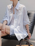 Load image into Gallery viewer, Linen Floral Lace Shirt // Shorts Set in Blue