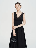 Load image into Gallery viewer, Lace Trim V-Back Dress in Black
