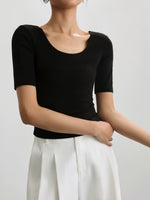 Load image into Gallery viewer, Scoop Neck Mid Sleeve Stretch Top in Black