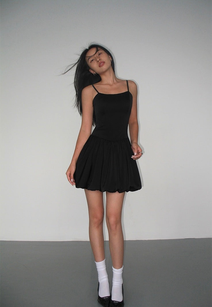 Drop Waist Bubble Cami Mini Dress in Black