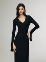 Load image into Gallery viewer, Flute Sleeve Stretch Dress in Black