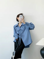 Load image into Gallery viewer, Tencel Blend Oversized Ribbon Shirt in Blue