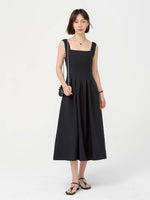 Load image into Gallery viewer, Square Neck Pleat Midi Dress in Black