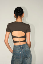 Load image into Gallery viewer, Padded Cutout Buckle Tee in Brown