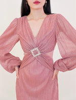 Load image into Gallery viewer, Textured Blouson Sleeve Midi Dress in Pink