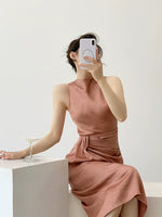 Load image into Gallery viewer, Textured Gathered Sheath Dress in Crimson