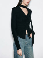 Load image into Gallery viewer, Asymmetric Hem Top + Neck Tie in Black