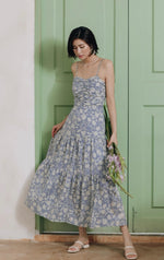 Load image into Gallery viewer, Tie Back Floral Panel Maxi Dress in Blue