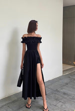 Load image into Gallery viewer, Ruffle Off Shoulder High Slit Maxi Dress in Black