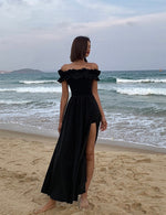 Load image into Gallery viewer, Ruffle Off Shoulder High Slit Maxi Dress in Black