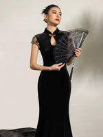 Load image into Gallery viewer, Mermaid Lace Detail Stretch Maxi Cheongsam in Black