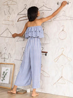 Load image into Gallery viewer, Off Shoulder Striped Ruffle Maxi Jumpsuit in Blue