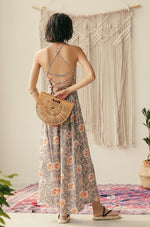 Load image into Gallery viewer, Floral Criss Cross Back Maxi Dress in Grey