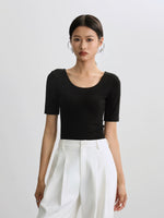Load image into Gallery viewer, Scoop Neck Mid Sleeve Stretch Top in Black