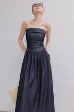 Load image into Gallery viewer, Chambray Bustier Maxi Dress in Navy