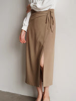 Load image into Gallery viewer, Midi Wrap Tie Slit Skirt in Tan