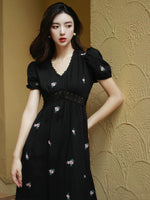 Load image into Gallery viewer, Floral Puff Sleeve Empire Dress in Black