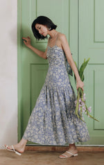 Load image into Gallery viewer, Tie Back Floral Panel Maxi Dress in Blue
