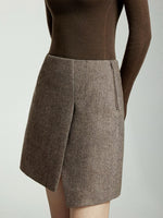 Load image into Gallery viewer, Herringbone Asymmetric Mini Skirt in Brown