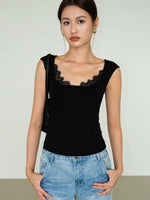 Load image into Gallery viewer, Lace Trim Stretch Top in Black