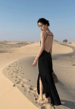 Load image into Gallery viewer, Drop Back Asymmetric Maxi Dress in Black