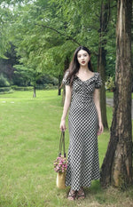 Load image into Gallery viewer, Linen Checked Blouson Dress in Black