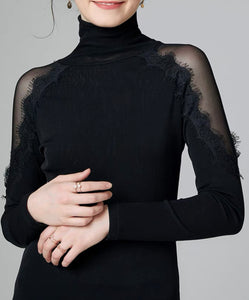 Sheer Lace Turtleneck Top in Black