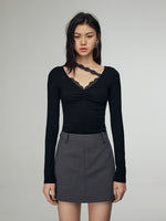 Load image into Gallery viewer, Tencel Blend Asymmetric Lace Trim Top in Black