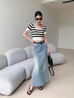 Load image into Gallery viewer, Denim Cheongsam Top + Maxi Skirt Set in Blue