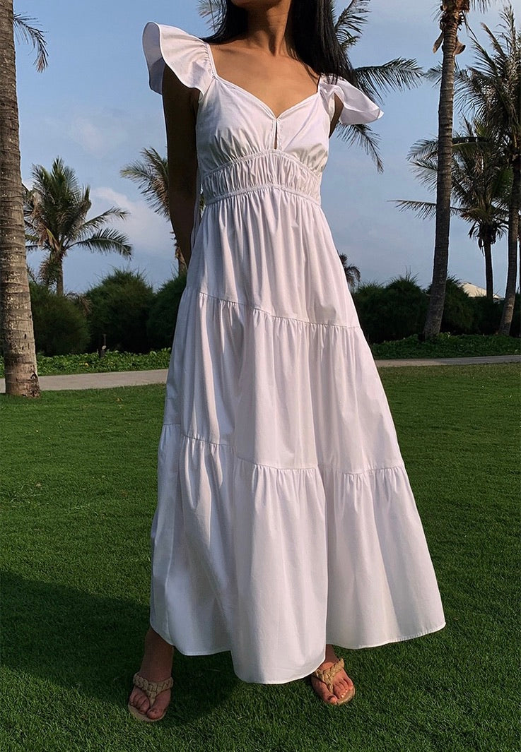 Flutter Sleeve Panel Pocket Maxi Dress in White