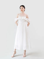 Load image into Gallery viewer, Crepe Off Shoulder Sleeve Pocket Dress in White