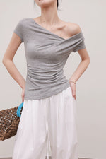 Load image into Gallery viewer, Tencel Blend Asymmetric Gathered Top in Grey