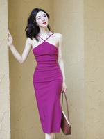 Load image into Gallery viewer, Halter Slim Slit Dress in Magenta