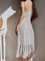 Load image into Gallery viewer, Polka Drop Shoulder Flute Hem Dress in White
