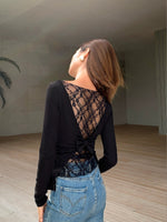Load image into Gallery viewer, Lace Back Long Sleeve Top in Black