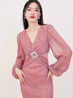 Load image into Gallery viewer, Textured Blouson Sleeve Midi Dress in Pink