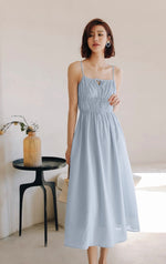 Load image into Gallery viewer, Ribbon Tie Gather Dress in Blue