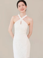 Load image into Gallery viewer, Keyhole Halter Lace Mini Dress in White