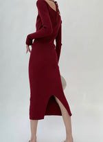 Load image into Gallery viewer, Knitted Ribbed Dress + Tie in Red