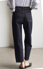 Load image into Gallery viewer, Cropped Straight Leg Stretch Jeans in Navy
