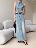 Load image into Gallery viewer, Denim Cheongsam Top + Maxi Skirt Set in Blue