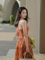 Load image into Gallery viewer, Floral Cutout Tiered Maxi Dress in Orange-S