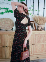 Load image into Gallery viewer, Floral Cutout Back Puff Sleeve Dress in Black