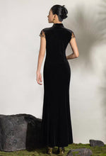 Load image into Gallery viewer, Mermaid Lace Detail Stretch Maxi Cheongsam in Black