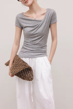 Load image into Gallery viewer, Tencel Blend Asymmetric Gathered Top in Grey