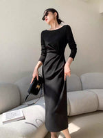 Load image into Gallery viewer, Boatneck Gathered Midi Dress in Black