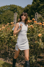 Load image into Gallery viewer, Checked Stretch Mini Cheongsam in Blue